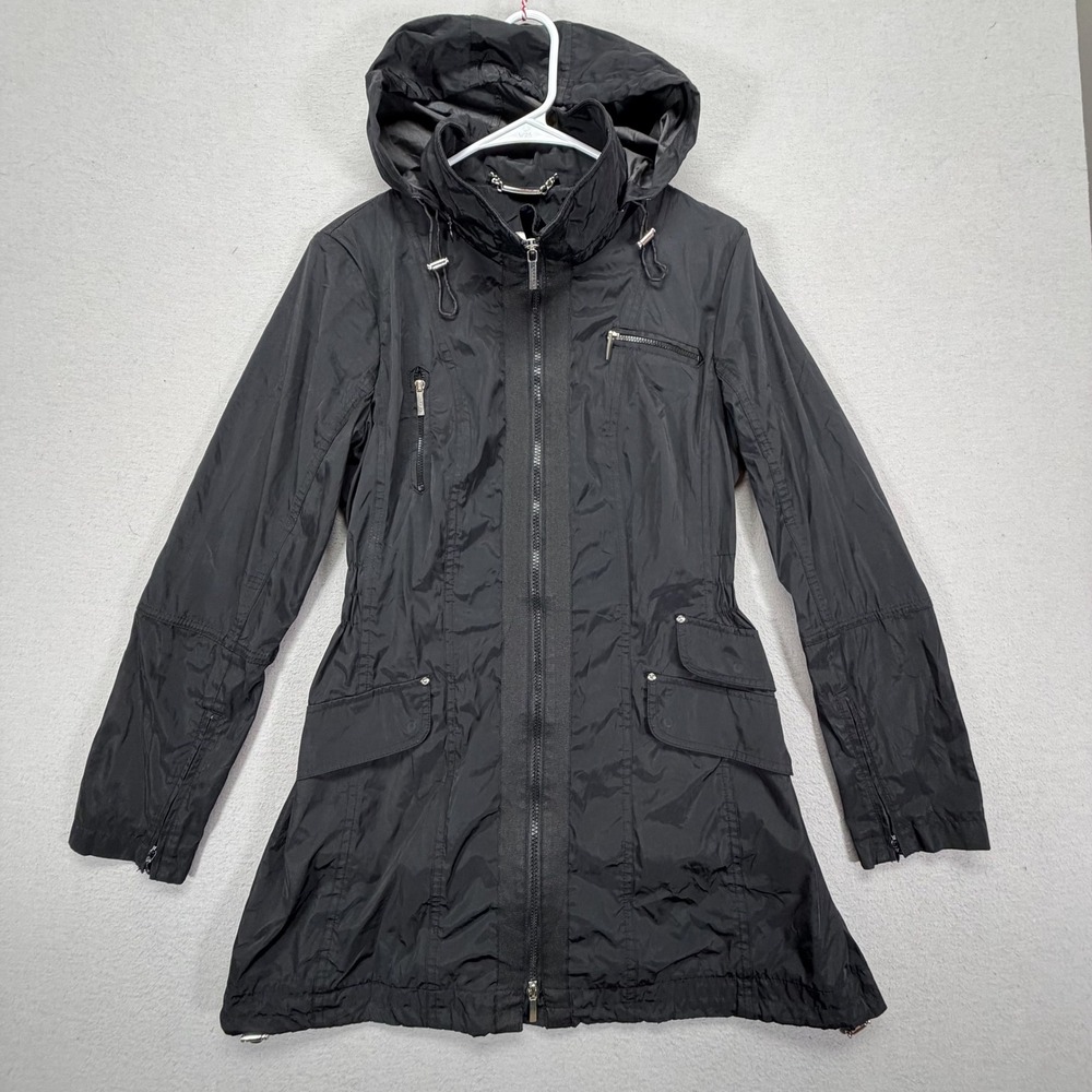Laundry By Shelli Segal Womens Parka Jacket Regular Black Hooded Zip Pockets M